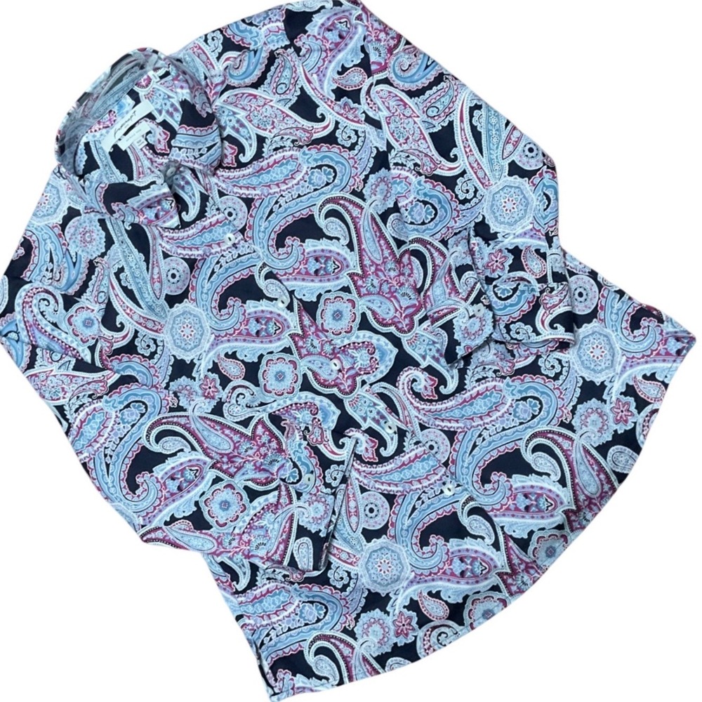 Foxcroft NYC Wrinkle Free Paisley Button Down Shirt Blue Pink Petite 10P Shaped